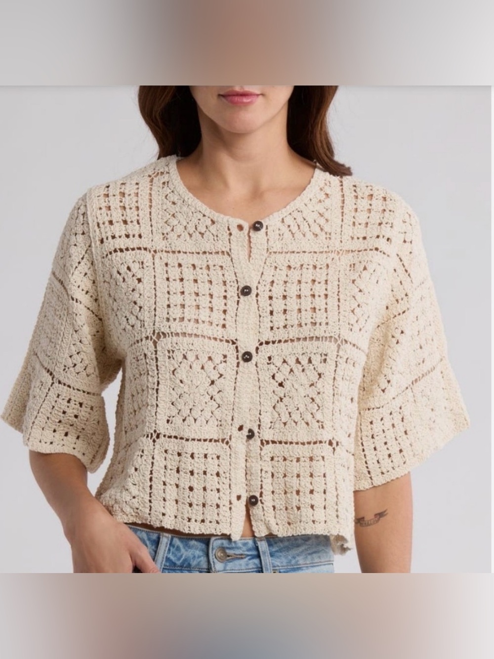 Cream Crochet Button-Front Top/Cardigan
